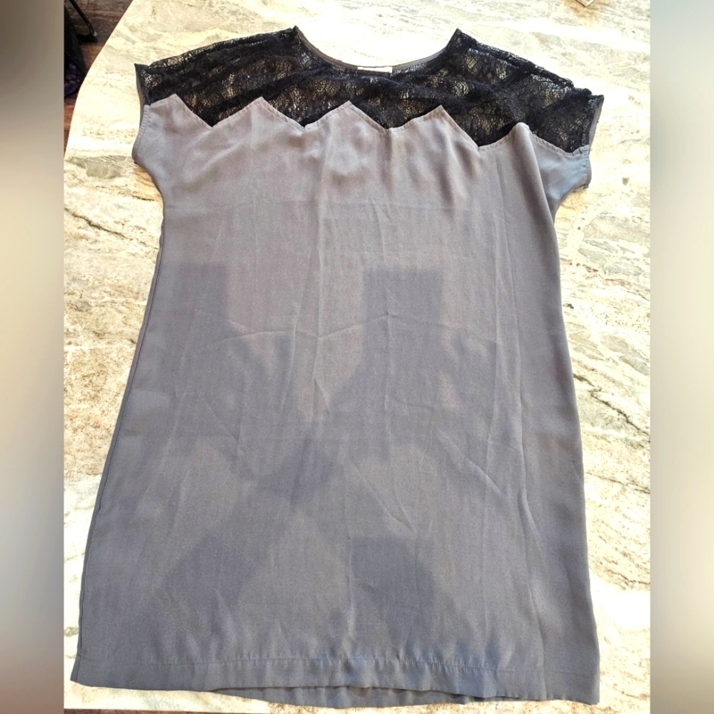 NWT Silence + Noise Gray Lace Yoke Cap Sleeve Tunic Top Size M